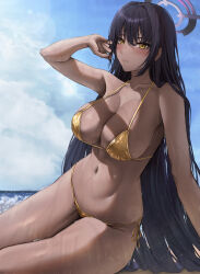 1girl absurdres beach bikini black_hair blue_archive blush breasts cleavage closed_mouth coklatarte commentary dark_skin gold_bikini highres karin_(blue_archive) large_breasts long_hair navel sitting solo swimsuit tan thighs wet yellow_eyes