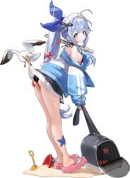 1girl ahoge anchor_(innocent_maid)_(nikke) anchor_(nikke) anchor_ornament ass bag bikini bird black_bikini black_choker blue_eyes blue_hair blue_jacket blue_nails blue_ribbon breasts bucket choker clothes_lift duffel_bag frills full_body goddess_of_victory:_nikke hair_intakes hair_ribbon hair_tie highres holding holding_bag jacket jacket_partially_removed leaning_forward long_hair looking_at_viewer maid maid_bikini maid_headdress medium_breasts off_shoulder open_clothes open_jacket ponytail ribbon sand sandals seagull shovel sideboob slides starfish swimsuit unconventional_maid very_long_hair white_background zer0_ki