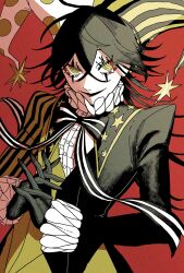 1boy black_coat black_gloves black_hair coat commentary_request frilled_sleeves frills gloves hat highres jester jester_cap long_hair looking_at_viewer male_focus momomo_906 neck_ribbon original own_hands_clasped own_hands_together red_background ribbon ringed_eyes solo upper_body vest yellow_coat yellow_eyes