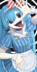 1girl alternate_costume apron black_background blue_dress blue_hair blue_hat bow buttons collared_dress commentary_request diagonal-striped_bow double-breasted dress hair_between_eyes hand_up hat hat_bow hatsune_miku highres mesmerizer_(vocaloid) open_mouth pinstripe_dress pinstripe_hat pinstripe_pattern sailor_collar semi_(sk13th) sharp_teeth solid_circle_eyes solo teeth tongue tongue_out twintails two-tone_bow upper_body visor_cap vocaloid waist_apron white_apron white_background white_bow white_wrist_cuffs wrist_cuffs