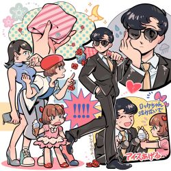 ! !! 1boy 3girls :o ^_^ arm_at_side bag beret black-framed_eyewear black_eyes black_hair black_jack_(series) black_jacket black_pants blue_dress blue_eyes blue_footwear blue_shirt bob_cut bookila_ni_yoroshiku! bouquet bow broken_heart brown_eyes brown_hair cameo character_request chinese_commentary closed_eyes closed_mouth cloud collared_shirt commentary_request crescent crossover dress earrings expressionless flower flying_sweatdrops food formal_clothes frilled_dress frills frown full_body grey_pants hair_bow hand_in_pocket hand_on_own_cheek hand_on_own_face hand_up handbag handkerchief hat heart high_heels holding holding_bag holding_bouquet holding_food holding_ice_cream ice_cream ice_cream_cone jacket jewelry leaning_forward long_hair long_sleeves looking_at_another looking_at_viewer mary_janes migonado multiple_girls multiple_hair_bows multiple_views nail_polish necktie neoki_toroko nervous_smile open_mouth pants pink_dress pink_nails pinoko pointing raincloud red_bow red_flower red_footwear red_headwear red_rose rock_(tezuka_osamu) rose shirt shoes short_hair short_sleeves sleeveless sleeveless_dress smile sneakers socks standing suit sunglasses sweat teardrop-framed_glasses tezuka&#039;s_star_system tezuka_osamu_(character) translation_request turtleneck turtleneck_dress water_drop white_jacket white_shirt white_socks wing_collar yellow_necktie