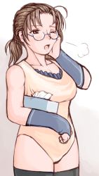 00s 1girl aged_up brown_eyes brown_hair female_focus glasses leotard one_eye_closed rozen_maiden sakurada_nori solo thighhighs third-party_edit tissue tissue_box tsuda_nanafushi wink wrestler