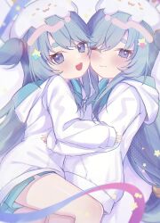 2girls animal_hat bemani blue_eyes blue_hair breasts hair_ornament hat highres hood hooded_jacket hug jacket long_hair multiple_girls near_(sound_voltex) noah_(sound_voltex) one_eye_closed rabbit_hat shorts siblings small_breasts sound_voltex star_(symbol) star_hair_ornament tarte0x0 thick_eyebrows twins white_jacket