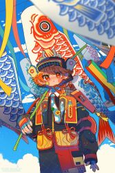 1girl bandaid bandaid_on_cheek bandaid_on_face black_shirt blue_gloves blue_necktie blush_stickers cloud commentary_request cowboy_shot day fingerless_gloves fishing_rod gloves highres holding holding_fishing_rod itousa koinobori long_sleeves looking_at_viewer nail_polish necktie orange_hair original outdoors red_eyes red_shorts shirt short_hair shorts signature solo windsock yellow_nails