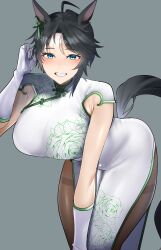 1girl absurdres ahoge alternate_hairstyle animal_ears asymmetrical_hair bent_over black_hair blue_eyes blush breasts brown_pantyhose china_dress chinese_clothes dress ear_ornament floral_print fuji_kiseki_(umamusume) gloves grey_background grey_hair grin hand_up highres horse_ears horse_girl horse_tail jitome_no_tsugumi looking_at_viewer multicolored_hair outstretched_arm pantyhose print_dress short_sleeves side_slit simple_background smile solo standing tail taut_clothes taut_dress two-tone_hair umamusume white_dress white_gloves