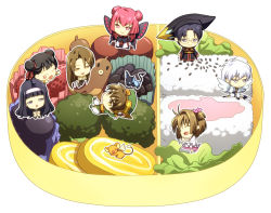 3boys 5girls ^_^ anxia beans bento black_hair broccoli butterfly_wings cardcaptor_sakura chibi closed_eyes daidouji_tomoyo food fruit in_food insect_wings kerberos kero_(cardcaptor_sakura) kinomoto_sakura kinomoto_sakura_(astral_sakura) multiple_boys multiple_girls omelet open_mouth outline parted_bangs red_hair rice sausage simple_background sitting standing strawberry tamagoyaki two_side_up vegetable white_background white_outline wings yue_(cardcaptor_sakura)