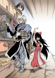 armpits arms_up ascot bird_nest black_footwear black_hair blue_footwear blue_pants blue_shirt blush book bow box collar collared_shirt detached_sleeves frilled_collar frills glasses hair_bow hair_tubes hakurei_reimu hat hidefu_kitayan highres long_hair long_skirt long_sleeves morichika_rinnosuke nest pants red_bow red_headwear red_shirt shameimaru_aya shirt short_hair skirt staring tabard television tokin_hat touhou triangle_mouth very_long_hair white_hair yellow_ascot