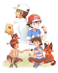 2boys aged_down ash_ketchum bad_id bad_pixiv_id baseball_cap black_hair blouse blue_footwear blue_shirt book brown_eyes brown_hair brown_pants capri_pants creatures_(company) dark-skinned_male dark_skin eye_contact fist_bump game_freak gen_7_pokemon green_footwear grin hat highres holding holding_book indian_style kukui_(pokemon) litten looking_at_another male_focus mei_(maysroom) multiple_boys multiple_views nintendo on_head open_mouth pants pokemon pokemon_(anime) pokemon_(creature) pokemon_on_head pokemon_sm125 pokemon_sm_(anime) shirt sitting smile spiked_hair striped_clothes striped_shirt tagme tied_shirt topless_male torracat upper_body white_background z-ring
