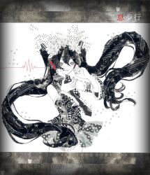Rule 34 | 1girl, 922pochan, bare shoulders, cardiogram, collared shirt, commentary, cowboy shot, detached sleeves, floating hair, flower wreath, greyscale, hair between eyes, hair ornament, hands up, hatsune miku, headset, highres, long hair, looking at viewer, masking tape (medium), mixed media, monochrome, necktie, nisoku hokou (vocaloid), parted lips, shirt, sidelocks, skirt, solo, spot color, traditional media, twintails, unconventional media, very long hair, vocaloid