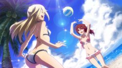 Rule 34 | 2girls, ball, beach, beachball, bikini, blazblue, blazblue: chronophantasma, blonde hair, celica a. mercury, closed eyes, groin, long hair, multiple girls, navel, noel vermillion, official art, red eyes, red hair, smile, source request, swimsuit, tagme