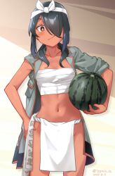 Rule 34 | 1girl, black hair, chest sarashi, cowboy shot, dark-skinned female, dark skin, ecchuu fundoshi, food, fruit, fundoshi, grey jacket, hair over one eye, headband, highres, izumikuma, jacket, japanese clothes, kantai collection, kumano maru (kancolle), kumano maru kai (kancolle), kumano maru kai (swimsuit) (kancolle), military jacket, navel, one-hour drawing challenge, red eyes, sarashi, solo, watermelon, white headband