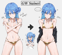 ... 1girl @_@ absurdres arrow_(symbol) averting_eyes bikini blue_eyes blue_hair breasts covering_breasts covering_privates english_text gluteal_fold gold_bikini grey_hair hair_bun highres hololive hoshimachi_suisei multiple_views navel_piercing piercing simple_background small_breasts spoken_ellipsis star_sticker sticker_on_face swimsuit v-shaped_eyebrows virgo76612871 virtual_youtuber x_arms