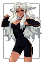 1girl bad_id bad_pixiv_id bike_shorts breasts cleavage clenched_hands dark-skinned_female dark_skin female_focus hair_ornament long_hair long_sleeves looking_at_viewer lowres medium_breasts oekaki off_shoulder punpun red_eyes simple_background skin_tight sleeves_past_wrists solo tan thighs white_hair