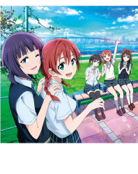 5girls artbook asaka_karin bench black_hair black_thighhighs blue_eyes blue_vest blunt_bangs bow braid braided_bun brown_hair cloud collared_shirt dress_shirt emma_verde freckles gradient_hair green_eyes green_hair hair_between_eyes hair_bow hair_bun hair_ornament highres long_hair looking_at_viewer love_live! love_live!_nijigasaki_high_school_idol_club low_twintails medium_hair mole multicolored_hair multiple_girls neck_ribbon nijigasaki_school_uniform non-web_source official_art one_eye_closed open_mouth osaka_shizuku outdoors pink_hair plaid_clothes plaid_skirt pleated_skirt purple_hair red_bow ribbon school_uniform shirt short_hair short_sleeves sitting skirt sky smile summer_uniform swept_bangs takasaki_yu thighhighs twin_braids twintails two-tone_hair uehara_ayumu vest waving white_shirt winter_uniform yellow_eyes