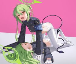 2girls absurdres armband black_jacket blue_archive blue_armband blush buttons closed_mouth commentary crop_top cropped_jacket demon_tail double-breasted fang girl_on_top gloves green_hair green_halo hair_between_eyes hair_spread_out halo highres hikari_(blue_archive) jacket knees_up long_hair long_sleeves looking_at_viewer lying monmo_mu multiple_girls no_pants nozomi_(blue_archive) on_back open_mouth pantyhose pink_background pointy_ears siblings sidelocks simple_background sisters skin_fang smile tail twins twintails white_gloves white_pantyhose yellow_eyes