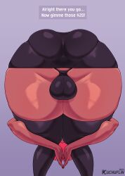 1boy absurdres andre_(cuchuflin) ass back bent_over cuchuflin dark-skinned_male dark_skin english_text flexible g-string highres huge_ass male_focus meme no_lady_on_twitter_can_recreate_this_(meme) original pov presenting presenting_ass red_hair shiny_clothes shiny_skin skirt solo testicles thick_thighs thighhighs thighs thong trap upskirt wide_hips