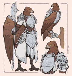 1boy absurdres armor artist_name beak bird bird_boy breastplate closed_mouth colored_sclera commentary daarclaw elden_ring elden_ring_nightreign english_commentary faulds feathered_wings full_body furry furry_male gloves guardian_(elden_ring) highres holding holding_polearm holding_weapon knight looking_to_the_side male_focus multiple_views pauldrons polearm shoulder_armor sideways_glance smile standing weapon wings yellow_sclera