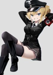 1girl arms_behind_head blonde_hair blue_eyes boots breasts grin highres large_breasts legs looking_at_viewer military naughty_face nazi ponytail skirt smile solo thighs umineko_no_naku_koro_ni ushiromiya_jessica