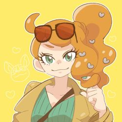1girl adjusting_hair aqua_eyes aqua_shirt between_breasts black-framed_eyewear breasts brown_coat closed_mouth coat collarbone eyewear_on_head hachisen hair_ornament heart heart_hair_ornament long_hair medium_breasts nintendo orange-tinted_eyewear orange_hair pokemon pokemon_swsh ribbed_shirt shirt side_ponytail smile solo sonia_(pokemon) strap_between_breasts sunglasses swept_bangs tinted_eyewear upper_body v-neck wavy_hair wide_mouth
