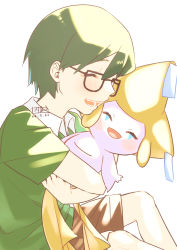 1boy :d affectionate blush brown_shorts closed_eyes commentary_request dated gen_3_pokemon glasses green_hair green_shirt happy highres holding holding_pokemon hug jirachi legendary_pokemon male_focus max_(pokemon) mythical_pokemon nintendo open_mouth pokemon pokemon:_jirachi:_wish_maker pokemon_(anime) pokemon_(creature) pokemon_rse_(anime) shirt short_hair short_sleeves shorts signature smile takenaka0229 teeth