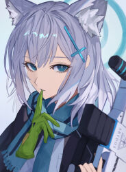 1girl animal_ear_fluff animal_ears assault_rifle aster_(teslavision) black_jacket blue_archive blue_eyes blue_necktie blue_scarf extra_ears glove_in_mouth gloves green_gloves grey_hair gun hair_between_eyes highres holding holding_gun holding_weapon jacket long_hair mouth_hold necktie rifle scarf shiroko_(blue_archive) shirt sidelocks solo upper_body weapon white_shirt wolf_ears wolf_girl