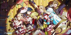 2boys 4girls absurdres arm_up artist_name balloon black_gloves black_hair blonde_hair blue_hair braid brown_eyes brown_hair cane capelet closed_eyes colored_inner_hair commentary_request confetti earrings epaulettes frilled_skirt frills from_side furen_e_lustario glint gloves grin hair_between_eyes hand_fan highres holding holding_cane holding_fan holding_microphone holding_stuffed_toy ihama in-ear_earphones jewelry kagami_hayato lize_helesta long_hair looking_at_viewer makaino_ririmu microphone multicolored_hair multiple_boys multiple_girls nijisanji nijisanji_idol_uniform paper_fan pink_hair purple_eyes red_eyes sash short_hair side_braid skirt smile spotlight streamers stuffed_animal stuffed_rabbit stuffed_toy twitter_username uzuki_kou virtual_youtuber white_hair yamagami_karuta yellow_eyes