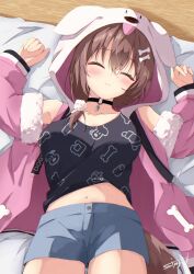 1girl animal_hood black_choker black_shirt blue_shorts blush bone_hair_ornament brown_hair choker closed_eyes closed_mouth dog_girl dog_hood dog_tail hair_ornament highres hololive hood inugami_korone inugami_korone_(loungewear) jacket lying o-ring o-ring_choker official_alternate_costume on_back open_clothes open_jacket pink_jacket shirt shorts sirogami_0614 sleeping smile solo tail virtual_youtuber