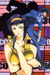 1990s_(style) 1998 1boy 1girl absurdres cigarette cowboy_bebop dated faye_valentine green_eyes gun hairband highres kawamoto_toshihiro lipstick makeup official_art purple_hair retro_artstyle scan smile spike_spiegel tagme weapon