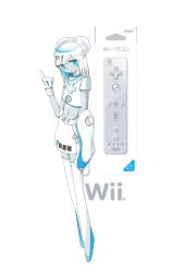1girl blue_eyes blue_hair colored_inner_hair colored_skin controller full_body game_console game_controller grey_skin highres index_finger_raised midriff multicolored_hair navel nintendo personification skirt solo standing thighhighs ugani_yuhi white_hair white_skirt wii wii_remote zettai_ryouiki