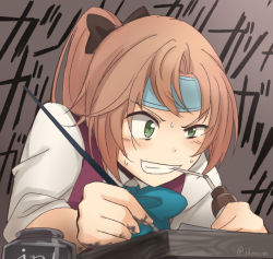 &gt;:) 10s 1girl akigumo_(kancolle) blush bow bowtie brown_hair clenched_teeth drawing drinking_straw female_focus gradient_background green_eyes grin high_ponytail ido_(teketeke) inkwell kantai_collection ponytail school_uniform shirt smile solo sweat teeth twitter_username uneven_eyes v-shaped_eyebrows white_shirt