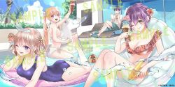 amano_erika bikini food ice_cream kakkou_no_iinazuke official_art one-piece_swimsuit pool purple_hair sample_watermark segawa_hiro swimsuit twintails umino_nagi umino_sachi_(kakkou_no_iinazuke) watermark