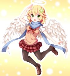 Rule 34 | 1girl, :d, angel, angel wings, arm up, black pantyhose, blonde hair, blue scarf, blush, bow, bowtie, brown shoes, commentary request, flower, full body, gabriel dropout, green eyes, hair between eyes, hair flower, hair ornament, halo, looking at viewer, miniskirt, open mouth, pantyhose, plaid clothes, plaid skirt, pleated skirt, red bow, red bowtie, red skirt, ruu (tksymkw), scarf, school uniform, shirt, shoes, short hair, short sleeves, skirt, smile, solo, standing, standing on one leg, tapris chisaki sugarbell, vest, white shirt, wings, yellow vest