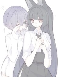 2girls absurdres animal_ear_fluff animal_ears belle_(zenless_zone_zero) black_hair black_necktie black_skirt blue_hair collared_shirt fox_ears fox_girl green_eyes highres hoshimi_miyabi long_hair looking_at_another multiple_girls necktie one_eye_closed red_eyes shirt short_hair skirt sleeves_rolled_up white_shirt yuri zenless_zone_zero zzzii0