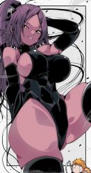 1girl 2boys arm_behind_head artist_name black_leotard black_thighhighs bleach bleach:_sennen_kessen-hen breasts dark-skinned_female dark_skin elbow_gloves gloves hair_ornament highres kinakomochi_(user_vedc2333) kon_(bleach) kurosaki_ichigo large_breasts leotard long_hair multiple_boys orange_hair ponytail purple_hair shihouin_yoruichi short_hair sideboob skindentation stuffed_animal stuffed_lion stuffed_toy thighhighs yellow_eyes zanpakutou