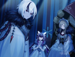 3girls arlecchino_(genshin_impact) automaton_(object) black_eyes black_hair blonde_hair blue_eyes bow bowtie coat columbina_(genshin_impact) commentary_request corn_kuten dress eye_mask fatui_coat frown fur-trimmed_coat fur_trim genshin_impact hair_ornament hands_on_lap headdress indoors long_hair looking_at_viewer multicolored_hair multiple_girls open_clothes open_coat own_hands_clasped own_hands_together purple_hair red_pupils sandrone_(genshin_impact) sitting smile streaked_hair symbol-shaped_pupils watermark white_bow white_bowtie white_coat white_dress white_hair x-shaped_eyewear x-shaped_pupils x_hair_ornament