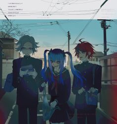Rule 34 | 1girl, 2boys, alternate costume, amemiya darumi, aotsuki eito, bag, black bow, black hair, black pants, black shirt, black skirt, blue hair, bow, buttons, evening, face piercing, food, glasses, grey hair, highres, holding, holding food, lip piercing, looking down, mint1618680, multicolored hair, multiple boys, pants, piercing, pink eyes, plastic bag, plated skirt, red eyes, road, school uniform, shirt, skirt, snack, street, sumino takumi, the hundred line -last defense academy-, twintails