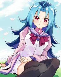 Rule 34 | 1girl, antenna hair, black thighhighs, blue hair, blue sky, blush, breasts, closed mouth, cloud, commentary request, curtained hair, grass, hand on own thigh, juliet sleeves, kamishiro rio, kuroda (kuro yyy), long hair, long sleeves, looking at viewer, medium breasts, multicolored hair, neckerchief, on grass, pink shirt, puffy sleeves, purple sailor collar, red eyes, red neckerchief, sailor collar, shirt, sitting, skirt, sky, smile, solo, thighhighs, two-tone hair, very long hair, vest, white skirt, white vest, yu-gi-oh!, yu-gi-oh! zexal