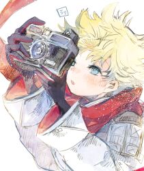Rule 34 | 1boy, ame sato, blonde hair, blue eyes, blush, camera, fate/grand order, fate (series), gloves, highres, holding, holding camera, jacket, male focus, open mouth, red scarf, scarf, short hair, simple background, solo, upper body, voyager (fate), white background