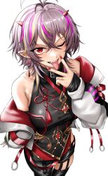 1girl absurdres ahoge bare_shoulders belt black_shirt black_shorts black_thighhighs blush breasts commission ear_piercing grey_hair highres horns jacket jacket_partially_removed large_breasts long_sleeves looking_at_viewer multicolored_hair nail_polish off_shoulder one_eye_closed open_mouth original piercing pointy_ears purple_hair putcho red_eyes red_nails shirt short_hair short_shorts shorts skeb_commission sleeves_past_wrists smile solo streaked_hair thighhighs tongue tongue_out tongue_piercing