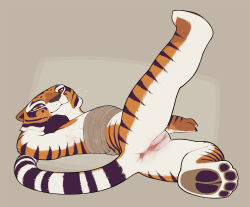 1girl 2022 animal_ears animal_hands anus ass bad_tag bandaged_chest bandages black_claws body_fur bottomless claws colored_sclera dreamworks feet flat_chest furry furry_female highres kung_fu_panda looking_at_viewer lying multicolored_fur orange_eyes orange_fur presenting pussy simple_background snout snowskau solo spread_legs striped_fur striped_tail tail tiger tiger_ears tiger_girl tiger_tail tigress_(kung_fu_panda) whiskers white_fur yellow_sclera