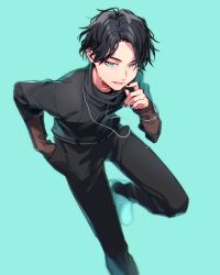 1boy aam09212 adk-em aqua_background aqua_eyes bandai bandai_namco black_hair black_nails black_pants black_shirt ear_piercing earrings finger_to_mouth goth_fashion hand_in_pocket highres holding ishimori_prod jewelry kagerou_(kamen_rider_revice) kamen_rider kamen_rider_revice male_focus nail_polish necklace outside_border pants piercing ring running shirt short_hair single_earring toei_company tokusatsu tv_asahi villain_pose