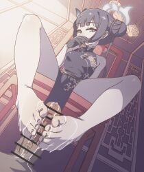 1girl animated animated_gif bar_censor barefoot black_hair blue_archive censored chair china_dress chinese_clothes cum double_bun dress ejaculation feet footjob funen_gomi_m grey_eyes hair_bun kisaki_(blue_archive) long_hair looking_at_viewer male_squirt pointless_censoring post_orgasm_torture tagme toes twintails two-footed_footjob