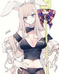 1girl animal_ears artist_name black_bow black_bowtie black_bustier blue_eyes bow bowtie brown_hair cat_ears cat_girl cat_tail cat_teaser detached_collar detached_sleeves facial_mark fake_animal_ears final_fantasy final_fantasy_xiv fishnet_pantyhose fishnets highres leotard long_hair looking_at_viewer midriff miqo&#039;te namikaze_so navel pantyhose playboy_bunny rabbit_ears red_nails solo tail warrior_of_light_(ff14) whisker_markings