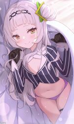 1girl absurdres artist_name black_gloves blanket blunt_bangs blush closed_mouth commentary cropped_shirt english_commentary enru gloves grey_hair hair_bun hair_ornament highres hololive loli long_hair long_sleeves looking_at_viewer lying murasaki_shion murasaki_shion_(1st_costume) navel on_bed on_side orange_eyes panties pinstripe_pattern pinstripe_shirt pov_across_bed purple_panties shirt sidelocks single_side_bun smile solo stomach striped_clothes striped_shirt thigh_gap thigh_strap underwear vertical-striped_clothes vertical-striped_shirt virtual_youtuber