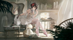 Rule 34 | 1girl, absurdres, alternate costume, arknights, ballet slippers, black hair, blonde hair, book, breasts, cat, chair, chest of drawers, chinese commentary, commentary request, curtains, dress, gloves, hair ornament, high heels, highres, horns, indoors, ines (arknights), medium breasts, pillow, sabou san-shitsu kokoro, see-through clothes, see-through dress, shoes, short hair, sidelocks, single glove, solo, unworn shoes, white dress