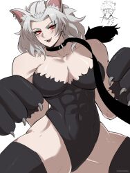 1boy 1girl abs absurdres animal_collar animal_ear_piercing animal_ears animal_hands artist_name bare_shoulders black_leotard blush breasts cat_ears cat_paws cleavage collar commentary covered_abs covered_navel dorohedoro earrings english_commentary glasses grey_hair highres jewelry kaidekku large_breasts leotard medium_hair muscular muscular_female noi_(dorohedoro) open_mouth red_eyes shin_(dorohedoro) simple_background smile teeth twitter_username upper_teeth_only