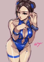 1girl absurdres alternate_costume artist_logo artist_request blue_nails blue_one-piece_swimsuit bracelet breasts capcom chun-li curvy double_bun earrings flower gluteal_fold hair_bun hair_flower hair_ornament hair_rings highleg highleg_one-piece_swimsuit highres jewelry large_breasts logo looking_at_viewer official_alternate_costume official_alternate_hairstyle one-piece_swimsuit simple_background smile solo street_fighter street_fighter_6 swimsuit thighlet wide_hips