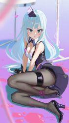 1girl absurdres arm_support artist_name black_gloves black_pantyhose black_shoes black_wrist_cuffs blue_eyes blue_hair blush breasts cleavage cleavage_cutout clothing_cutout concept_take_care_(idolmaster) dated full_body gloves hat heart high_heels highres idolmaster idolmaster_million_live! idolmaster_million_live!_theater_days long_hair looking_at_viewer lying nurse nurse_cap official_alternate_costume on_floor on_side open_mouth pantyhose shiraishi_tsumugi shoes sleeveless solo sweatdrop thigh_strap tomber wrist_cuffs
