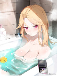 1girl bathroom bathtub blonde_hair blush breasts cellphone commentary completely_nude earphones ein_(nikke) fanbox_username goddess_of_victory:_nikke highres indoors large_breasts long_hair looking_at_viewer nude phone red_eyes rubber_duck smartphone solo sonaworld
