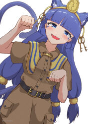 1girl :3 animal_ear_fluff animal_ears belt black_belt blue_eyes blue_hair blunt_bangs brown_shirt brown_shorts cat_ears cat_girl cat_tail commentary_request dutch_angle earrings extra_ears facial_mark fang gold_headdress highres jewelry kemonomimi_mode key_earrings long_hair looking_at_viewer low-tied_long_hair michigami_nareko mizunisabano open_mouth partial_commentary paw_pose shirt short_sleeves shorts simple_background skin_fang smile solo tail touhou triangle triangle_facial_mark twitter_username white_background